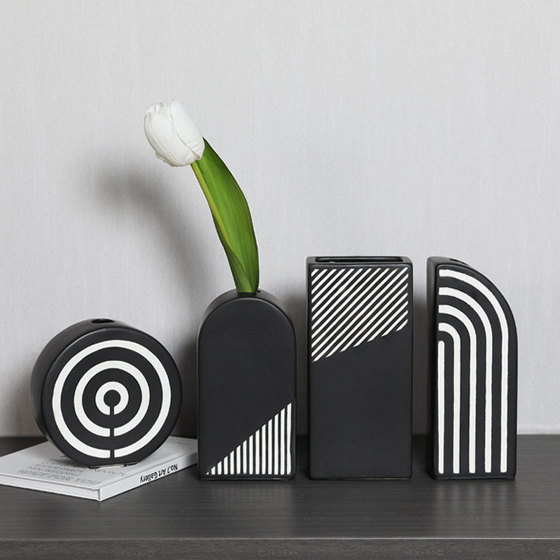 Black And White Striped Ceramic Dried Flower Vase Decorative Art Ornaments
