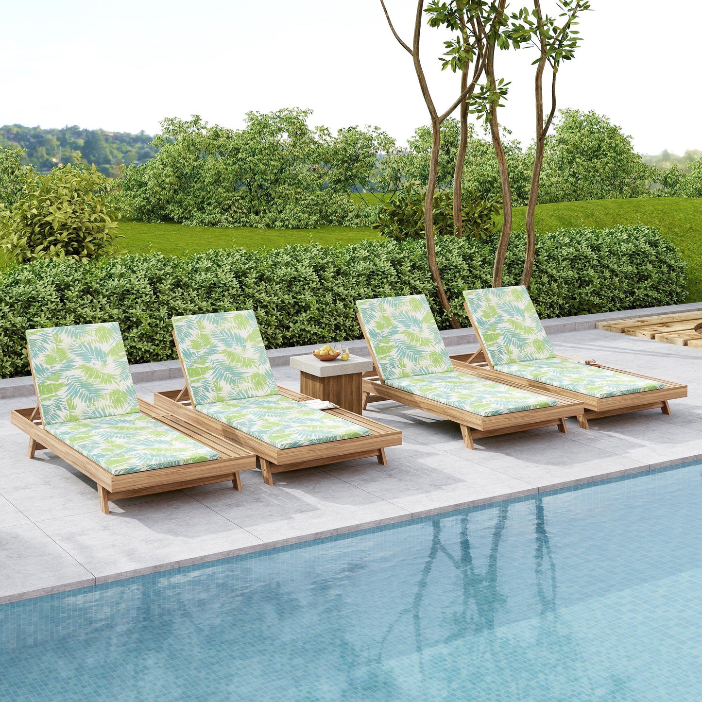 Lounge Chaise Set, Space Available On One Side, Acacia Wood In light brown With Water-Resistant Lounge Cushions (Leaf Coconut & 2 Inch Thick) – Matching Cream/Dark Grey Version Available