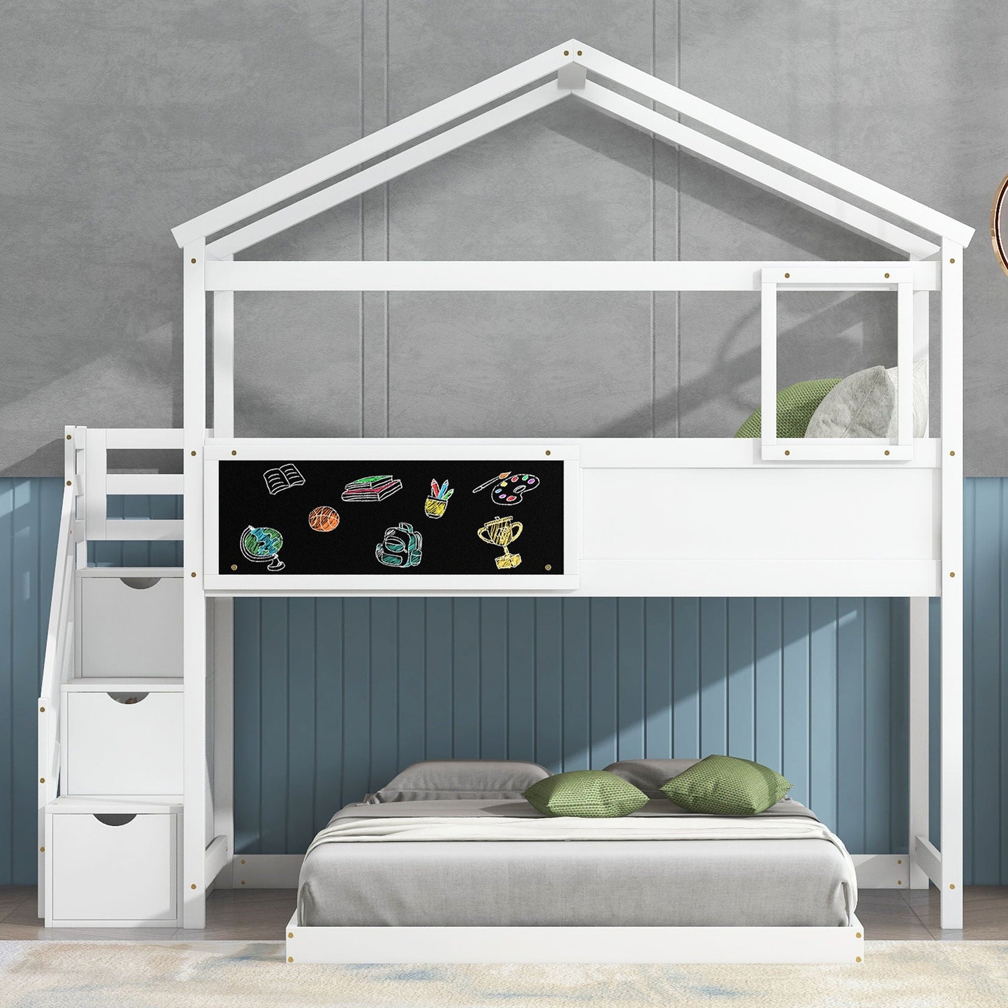 House Style Bunk Bed With Storage Staircase And board