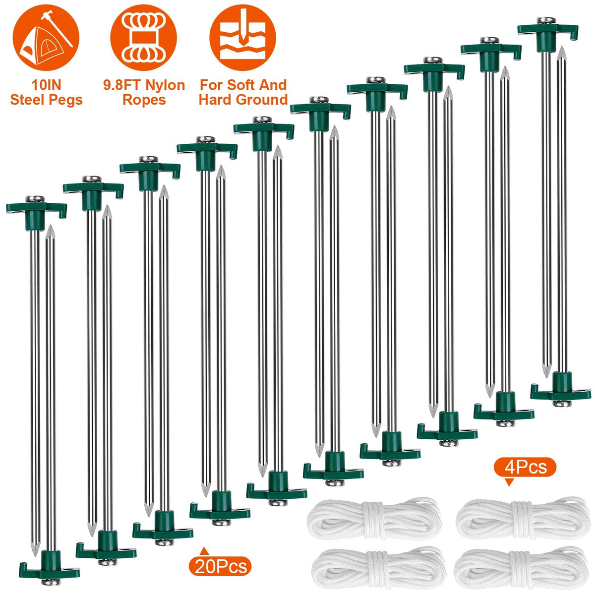 Tent Pegs Ropes Set 20Pcs 9.8in Heavy Duty Tent Stakes Nails Spike with 4x 9.8ft Nylon Ropes Tent Pop Up Canopy Stakes