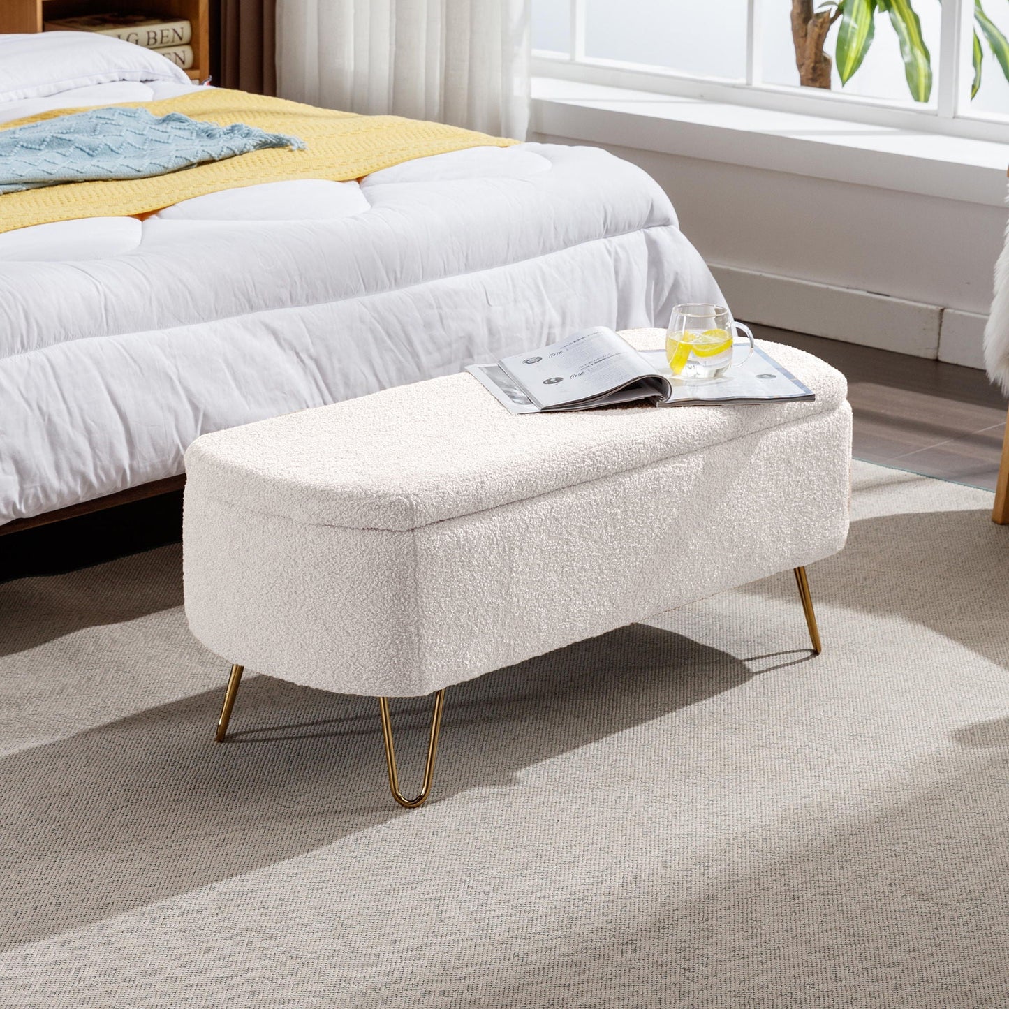 Storage Ottoman Bench For End Of Bed Legs, Modern Camel Faux Fur Entryway Bench Upholstered Padded With Storage For Living Room Bedroom