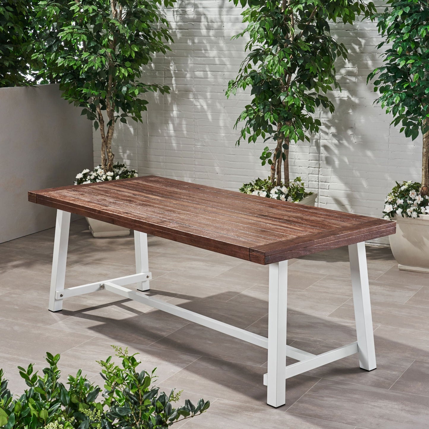 Equilibrium Outdoor Dining Table with Wooden Frame and Slat Top