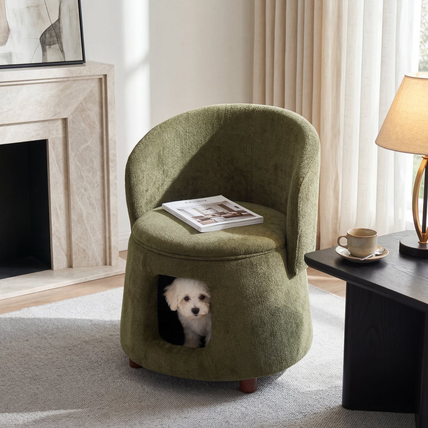 Green Pet Friendly Chair with Hidden Pet Nook and Convertible Stool