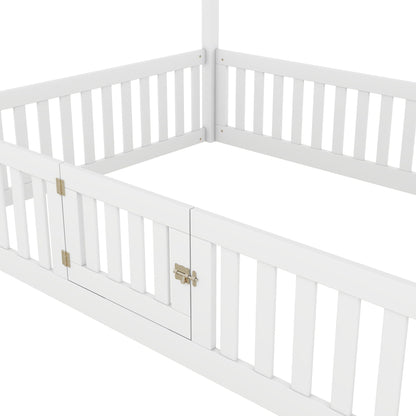 Wood House Bed With Fence And Door