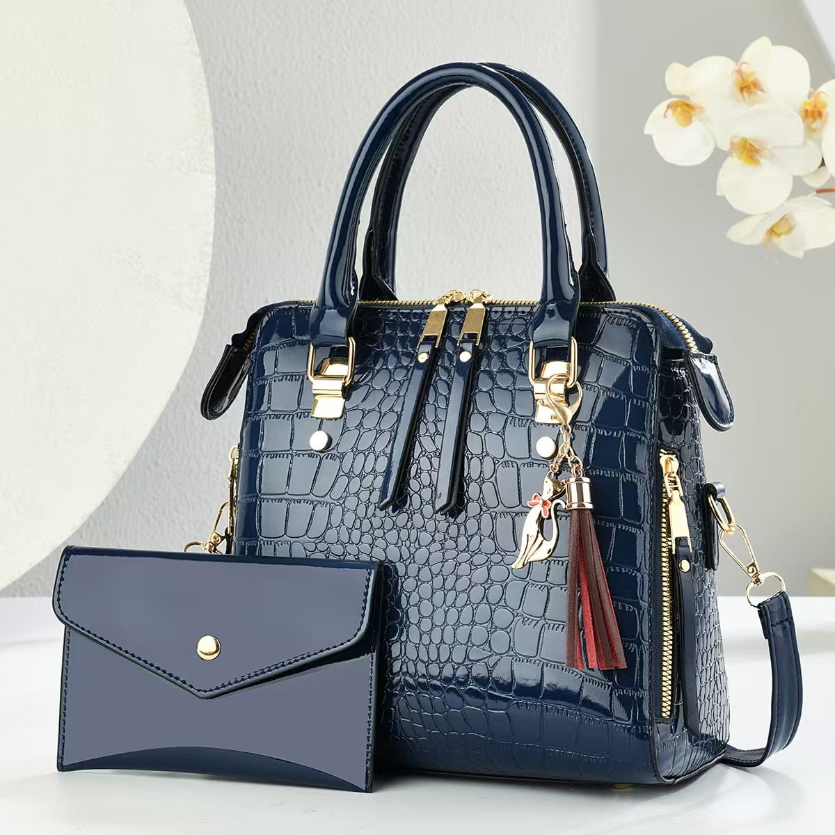 Womens Fashion Crocodile-Print Set Of Two Handbag And Crossbody Bag