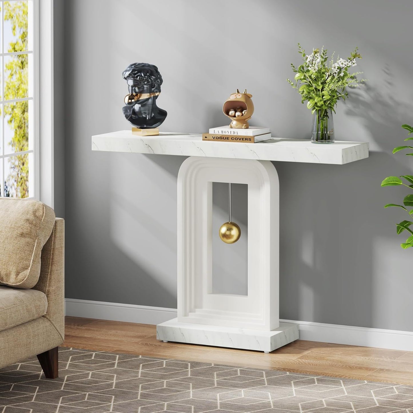 Console Table With Geometric Base For Living Roo - White / Gold