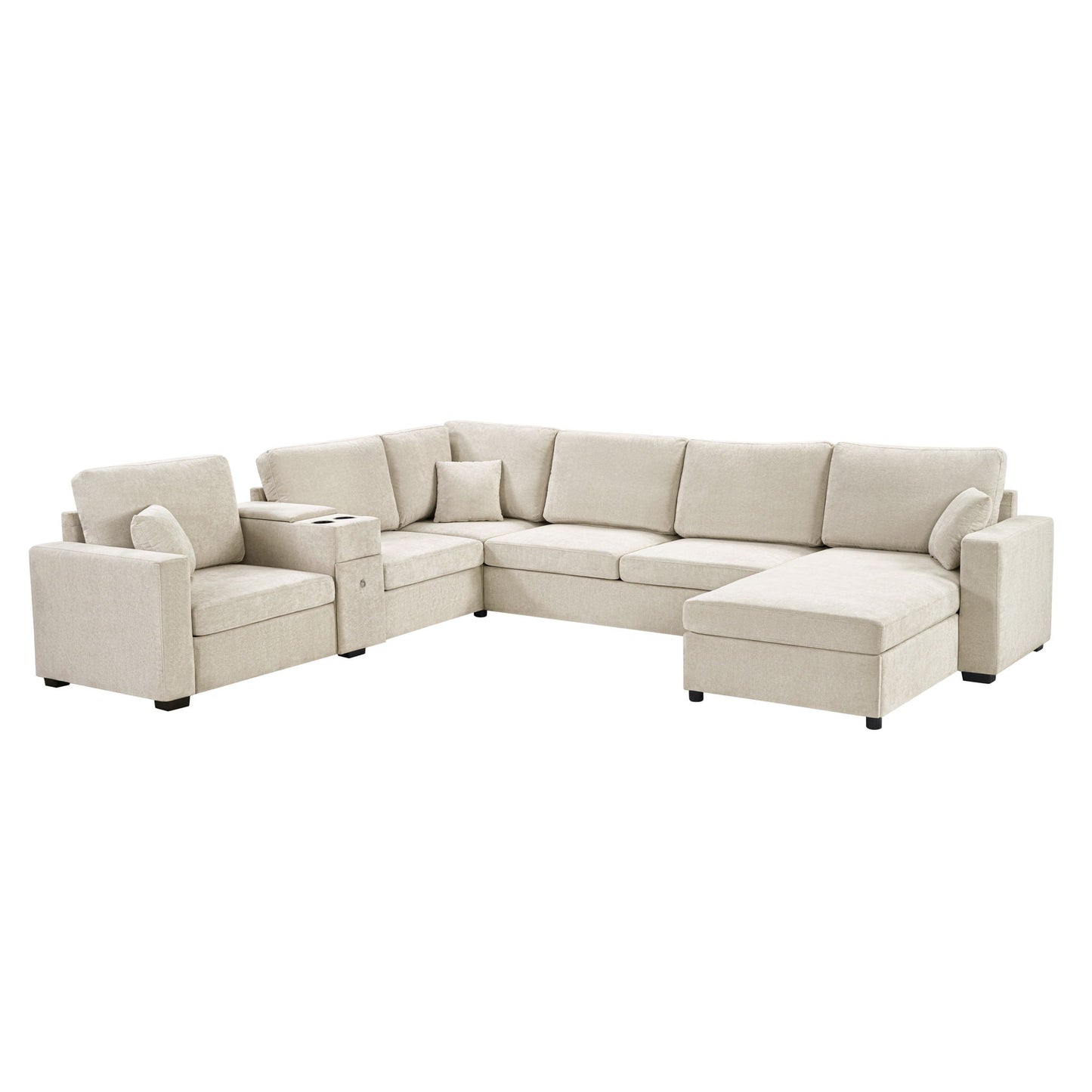 Modular 5 Seat U-Shape Sectional Sofa With Chaise Lounge, Built In Cup Holders And Storage Drawer