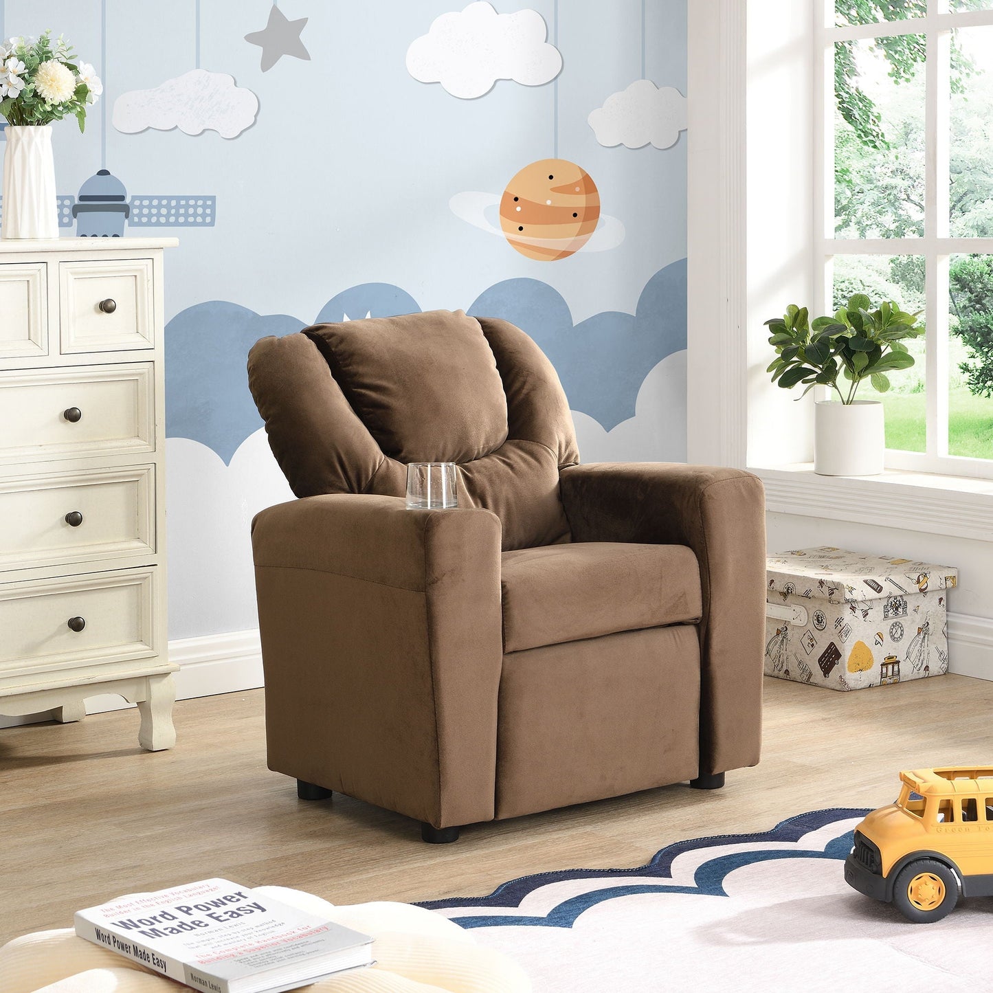 Kids Recliner Chair with Cup Holder - Brown Upholstered Couch