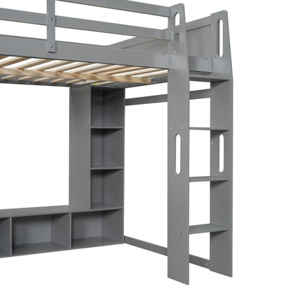 Gaming Loft Bed With Desk, Multi Storage Shelves, LED Lighting, And Hanging Clothes Rack