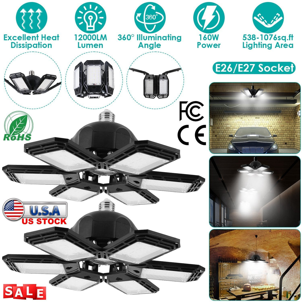 2 Packs LED Garage Lights 160W LED Shop Light Deformable E26/E27 Garage Ceiling Lights with 6 Adjustable Lighting Blades for Garage Basement Shop