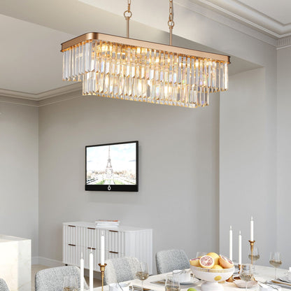 Rectangular Crystal Chandelier Adjustable Gold Iron Ceiling Light