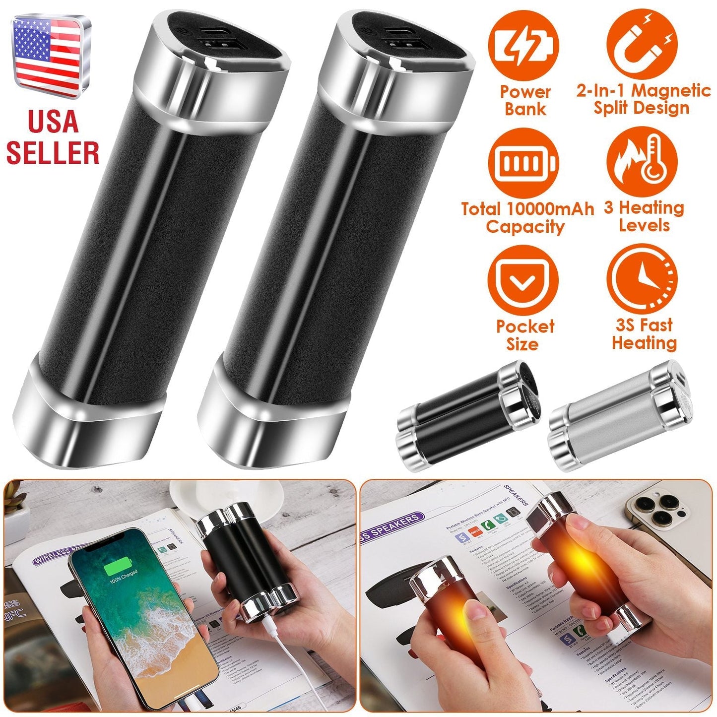 2 Packs 10000mAh Split-Magnetic Handwarmers 2 in 1 Portable Electric Pocket Heater Power Bank Portable Charger with 3 Heating Levels  for Camping Hunt