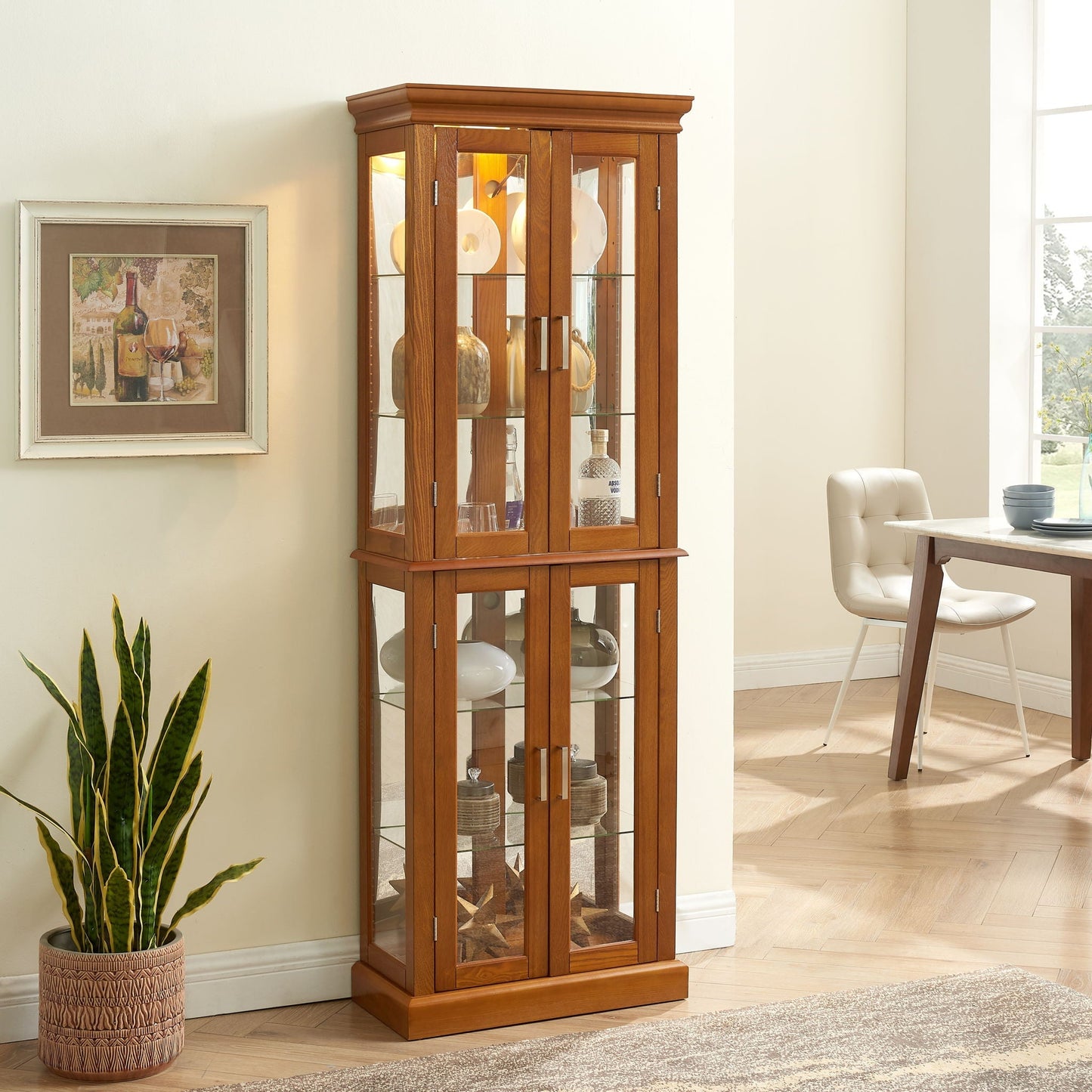 Lighted Curio Cabinet With Adjustable Shelves and Mirrored Back Panel