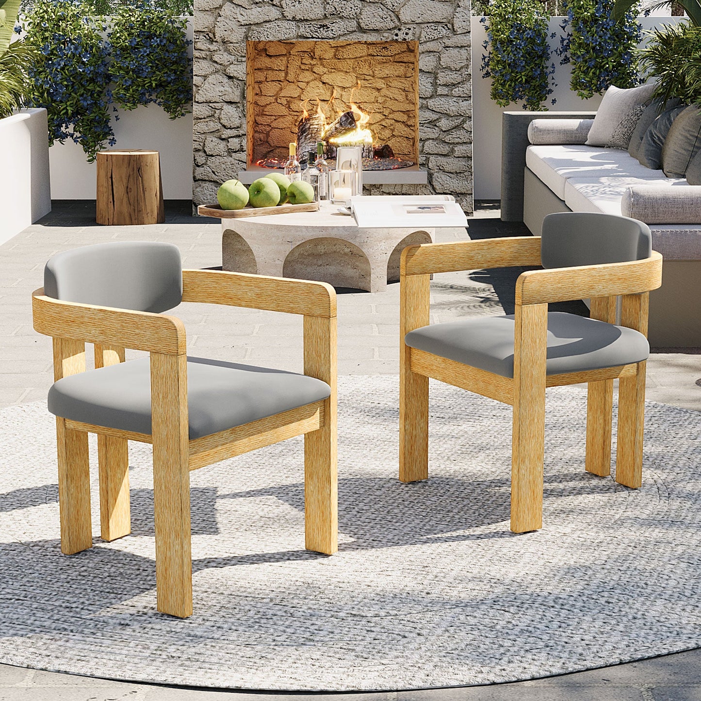 Set of 2 Outdoor Acacia Wood Dining Chairs with Cushions