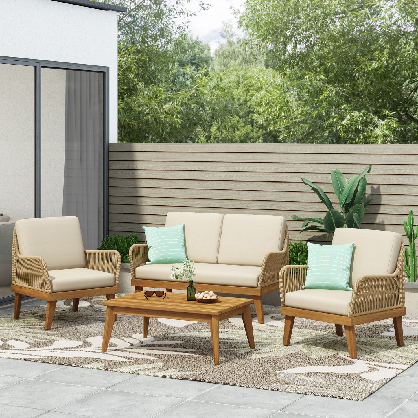 Hueber Outdoor And Rope 4 Seater Chat Set With Cushions - Teak