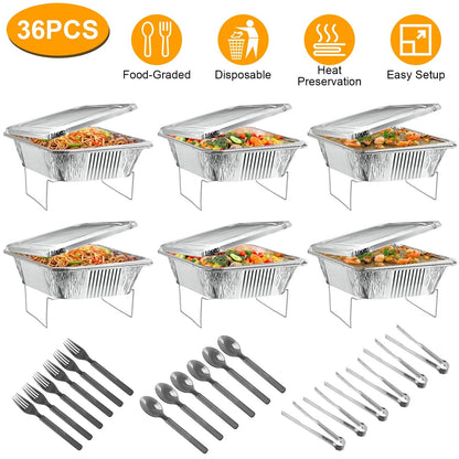 36Pcs Disposable Chafing Dish Buffet Set Food Warmers For Party Buffet Server Catering Supplies With Covers Utensils Half Size Food Pans For Parties E