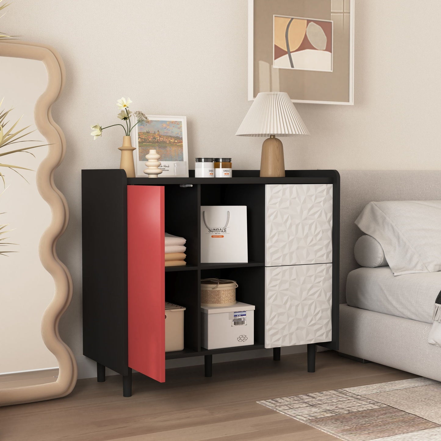 Modern Sideboard Buffet Cabinet With Doors And Unique Panel Styling
