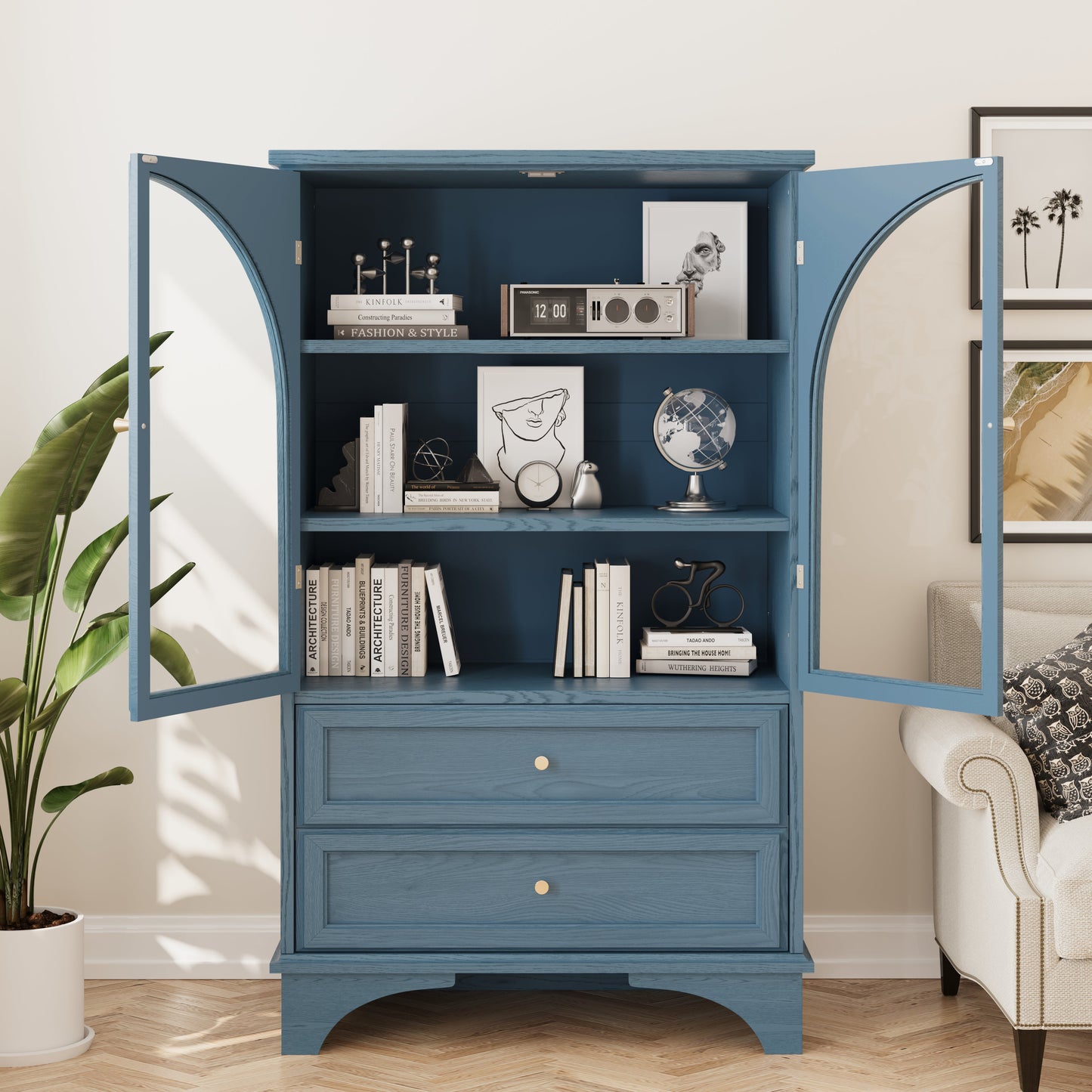 52.17"H Glass Door Display Case Storage Cabinet with 2 Drawers and Adjustable Shelf