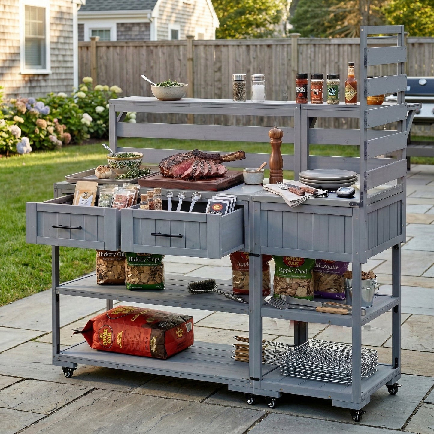 TOPMAX 62.3'' Patio Kitchen Island Solid Wood Kitchen Cart