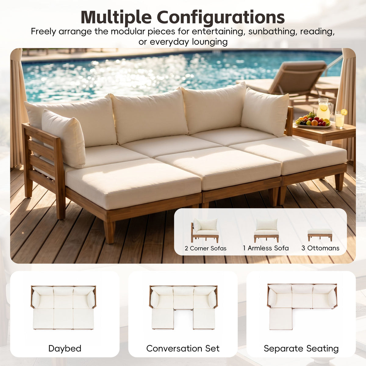 TOPMAX Outdoor Large Daybed Acacia Wood 6-Piece Patio Sofa Set