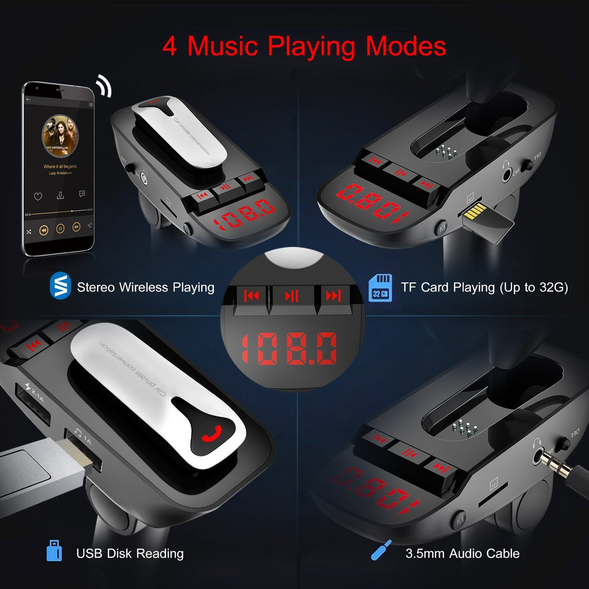 Car FM Transmitter w/ Wireless Earpiece 2 USB Charge Ports Hands-free Call MP3 Player TF Card Aux-in