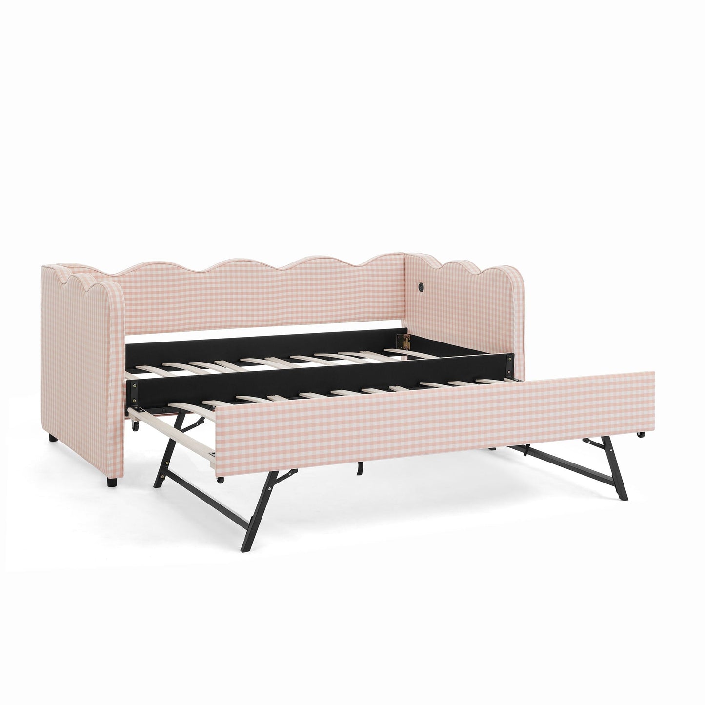 Gingham Daybed With USB Charging Port, Wave Shaped Design