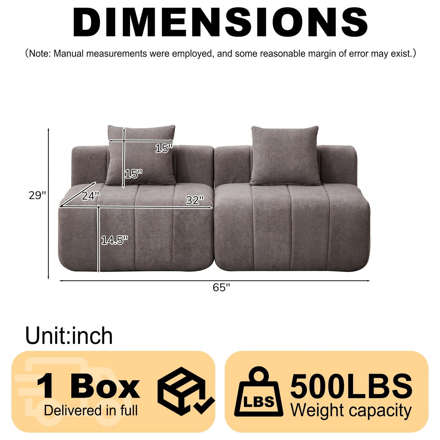 Modular Sectional Sofa With 2 Pillows, Symmetrical Design