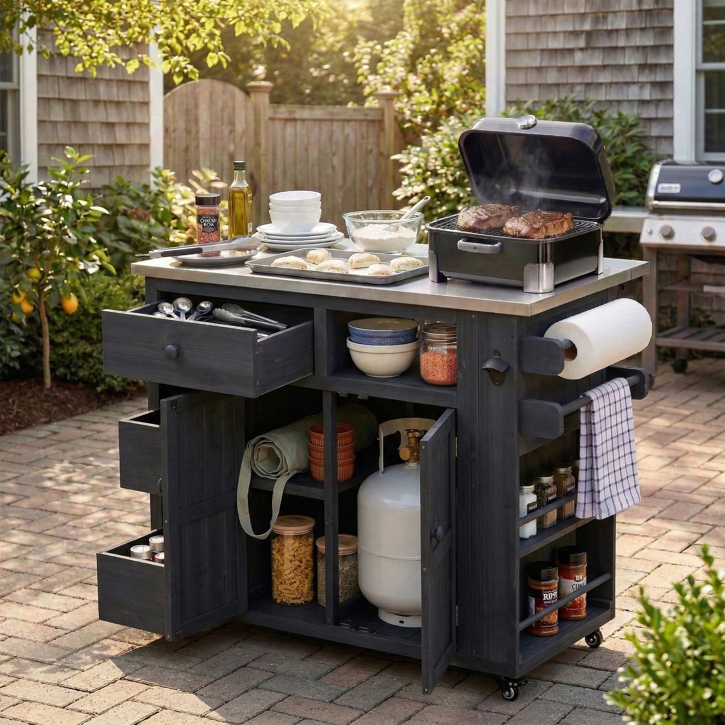 TOPMAX Outdoor Solid Wood Extendable Kitchen Island
