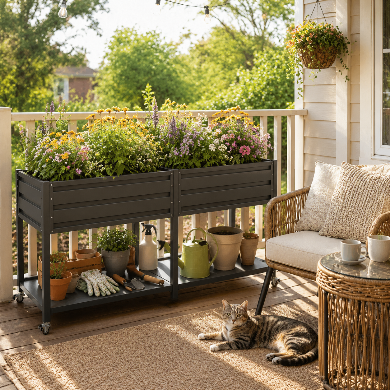 Dual Tier Elevated Metal Raised Garden Bed with Lockable Wheels & Lower Storage Shelf