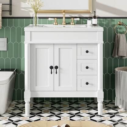 Bathroom Vanity With Ceramic Sink, 2 Doors 3 Drawers, Soft Close Design