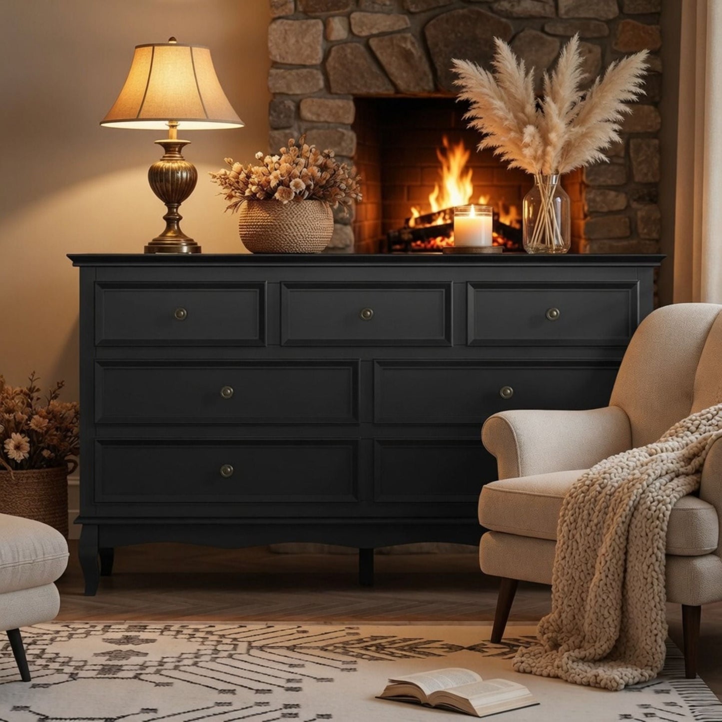 7 Drawer Dresser, Storage Chest - Black