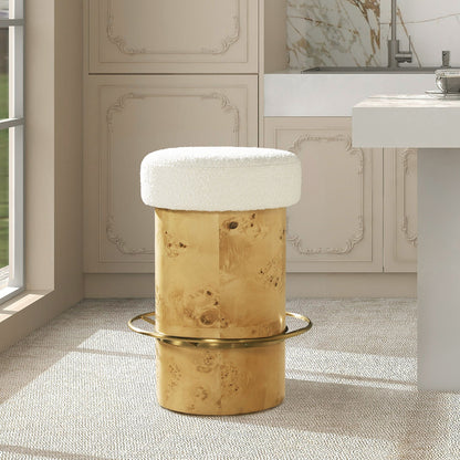 Nebula - Backless Round Upholstered Counter Stool With Burl - Ivory White
