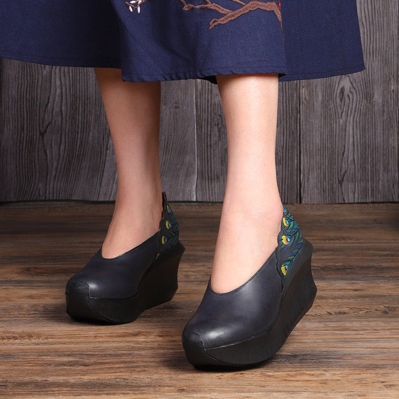 Hand-Painted Peacock Feather Platform Wedge Vintage Leather Shoes