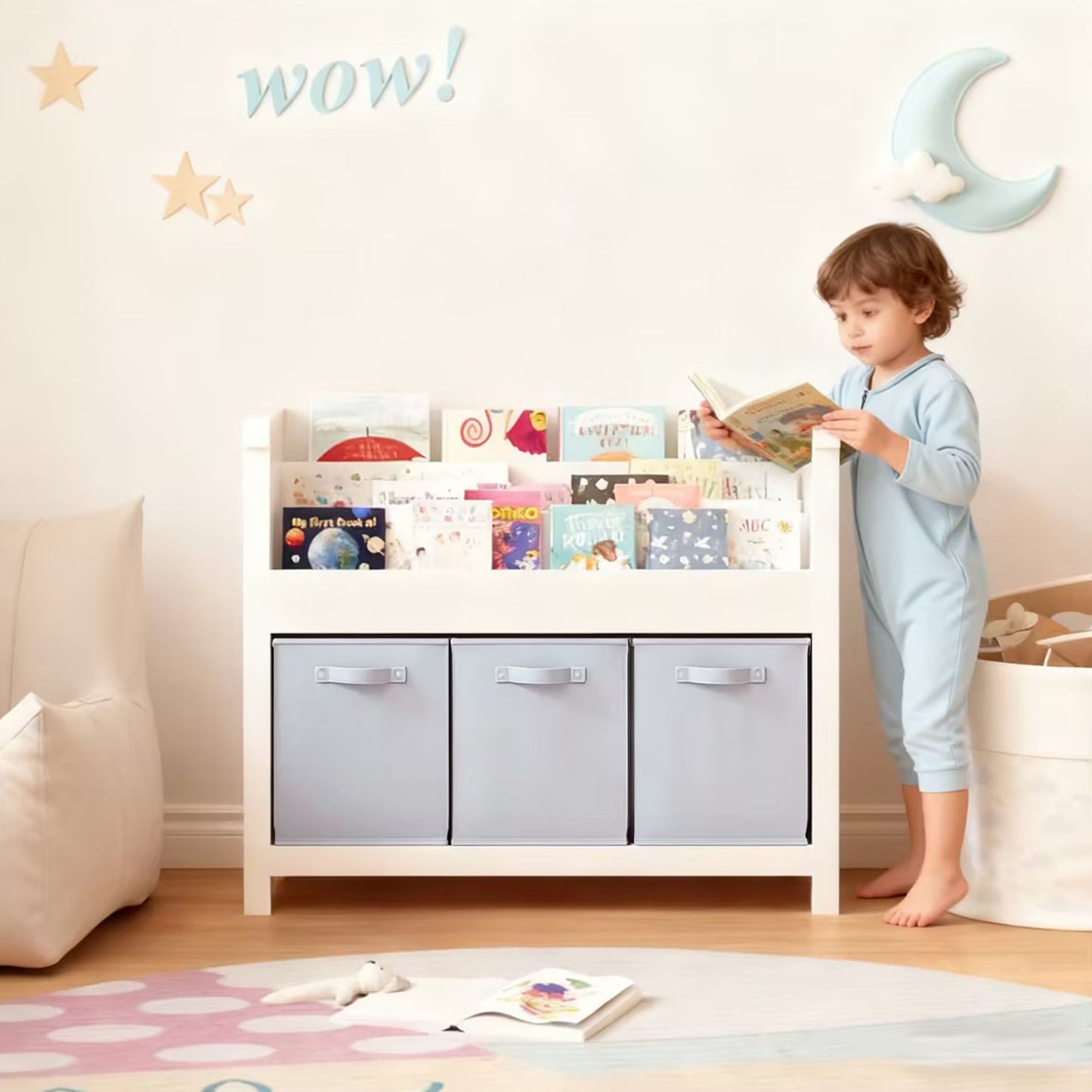 Bookshelf With 3 Tier Front Facing Storage And 3 Bins, Toddler Bookcase For Playroom - White