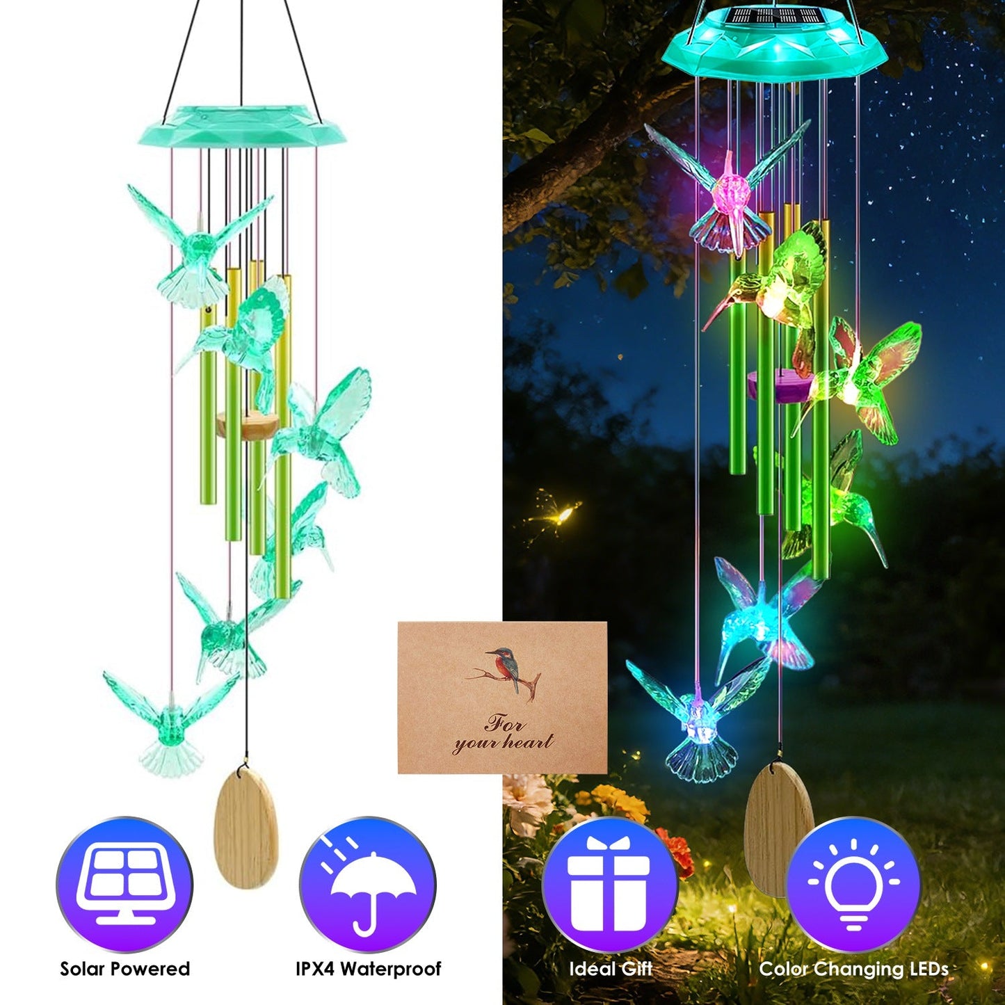 Solar Wind Chime with Color-Changing LED & Aluminum Tubes