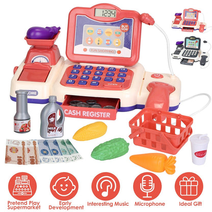 Kids Cash Register Pretend Play Cashier Toy with Scanner Calculator Credit Card Money Grocery Products Educational Toy Gift for Kids Aged 3 4 5 6 Year
