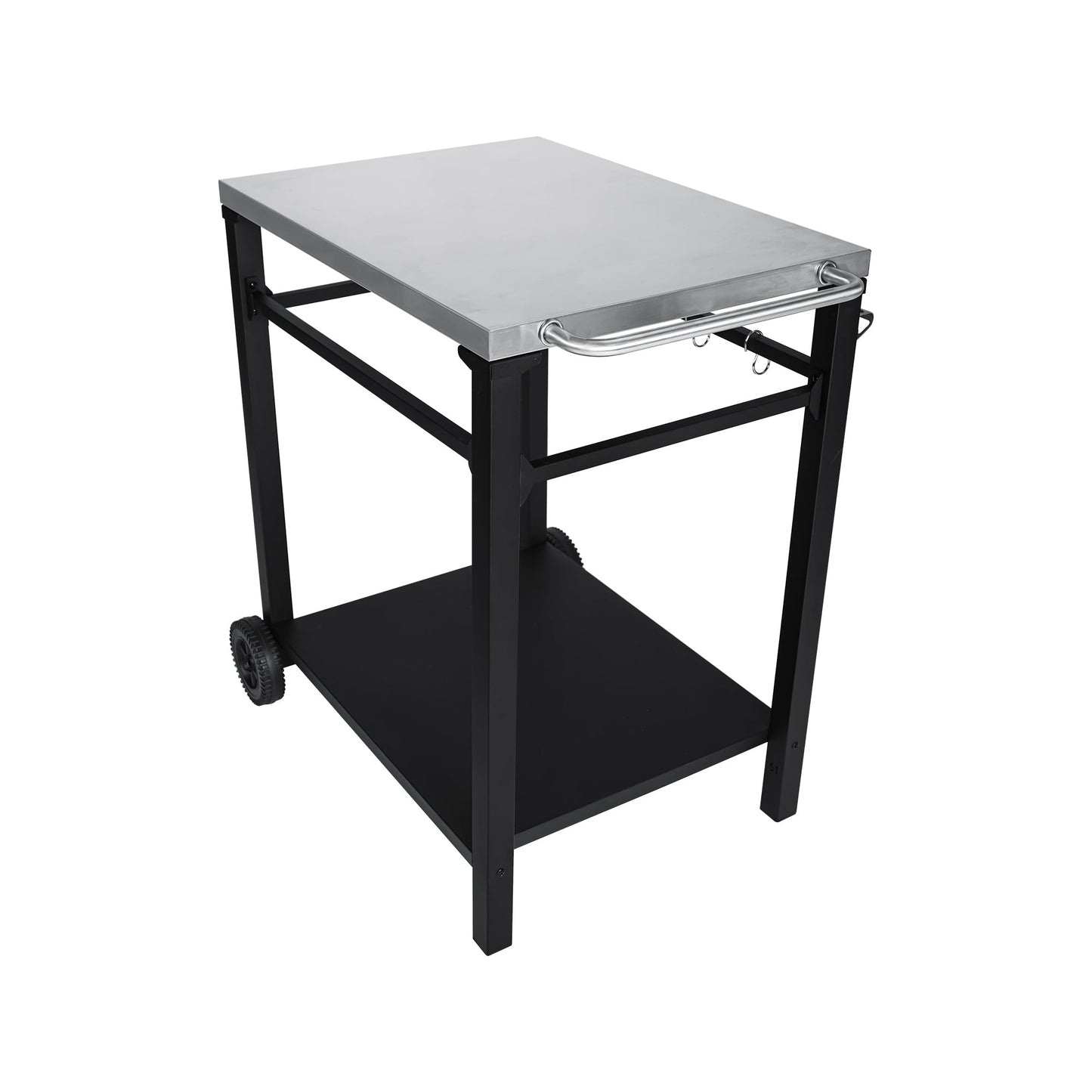 2-Tier Outdoor Grill Cart with Stainless Steel Top, Large Wheels & Tool Hooks
