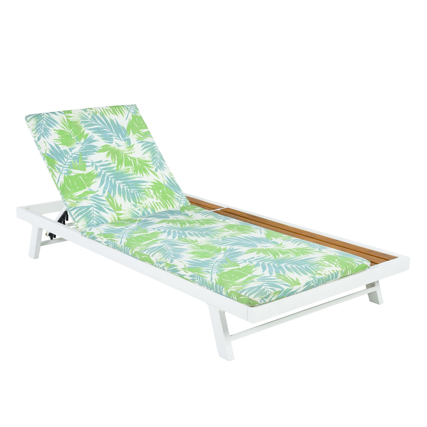 White Iron and Teak Finish Outdoor Chaise Lounge Set