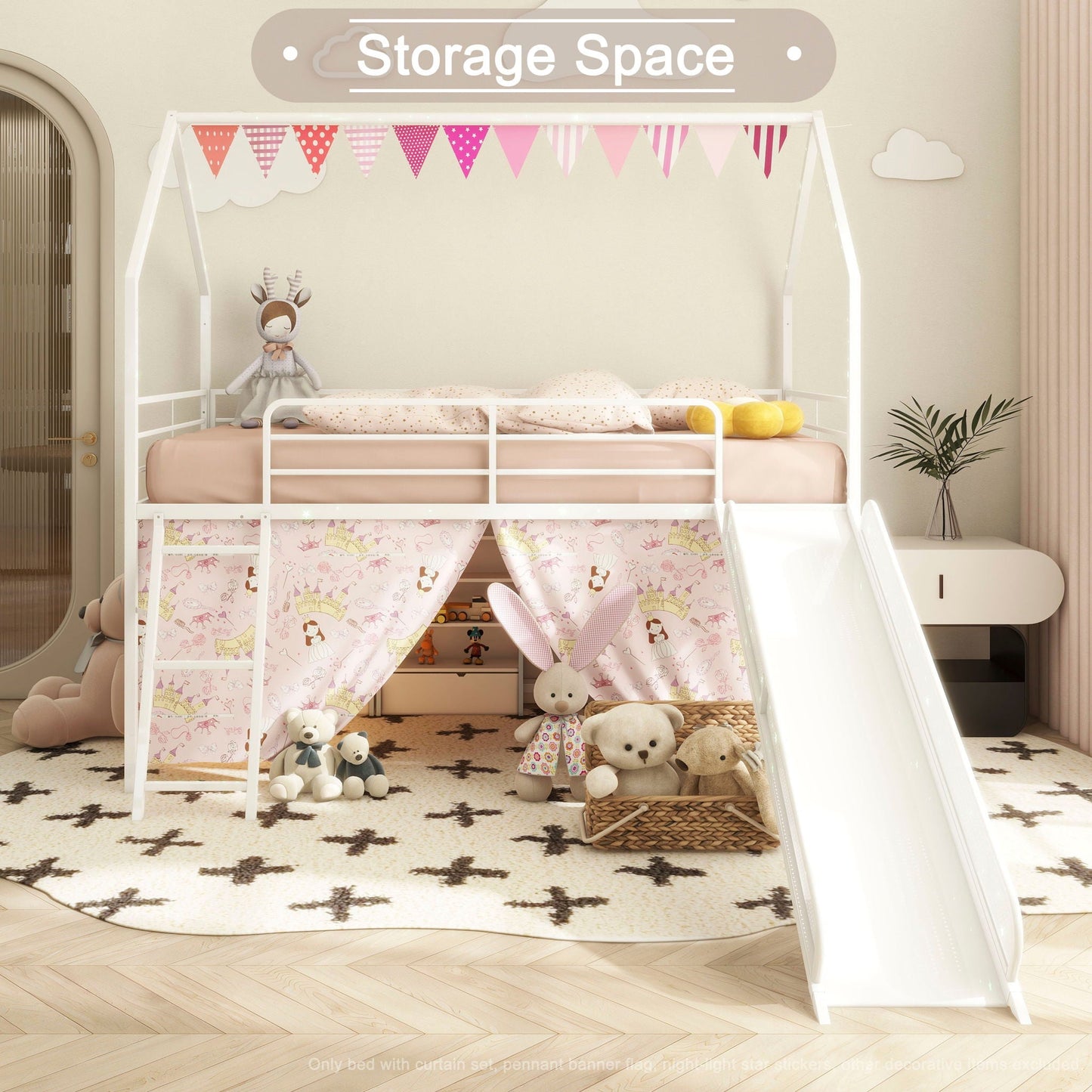 Jack - House Loft Bed With Slide And Curtain Set