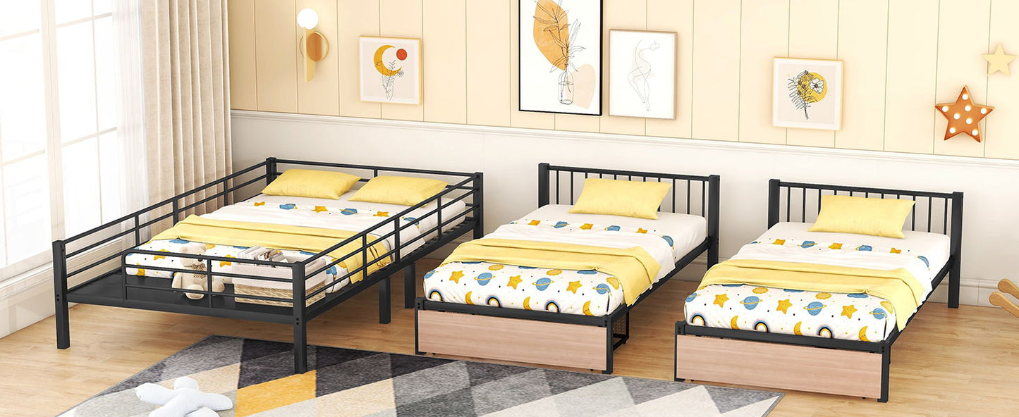 Triple Bunk Bed With Drawers, Multi-Functional Frame With Desks And Shelves In The Middle