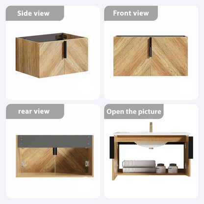 36 Inch Wall-Mounted Bathroom Vanity with 3D Fluted Panel & Ceramic Integrated Sink