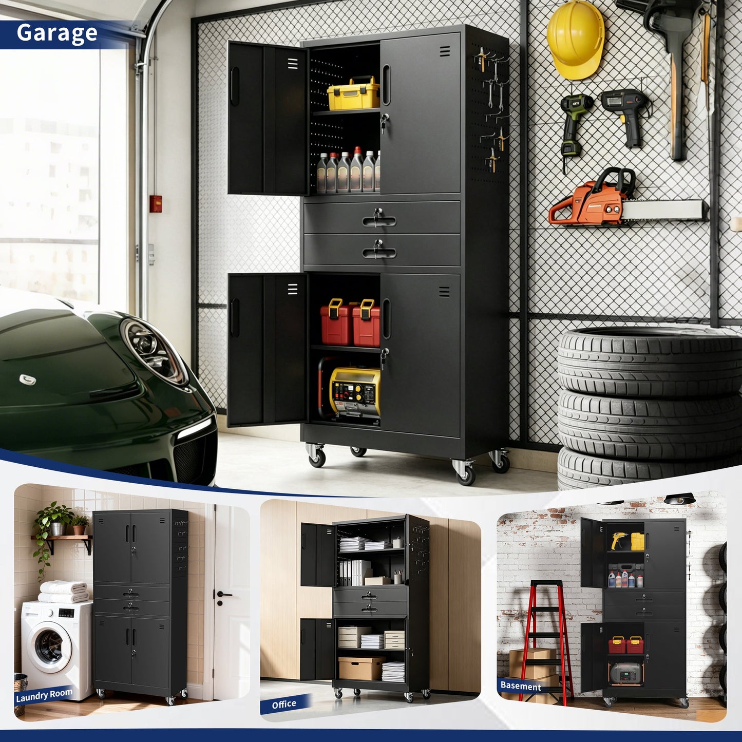 Metal Storage Cabinet with Two Drawers and Locking Doors