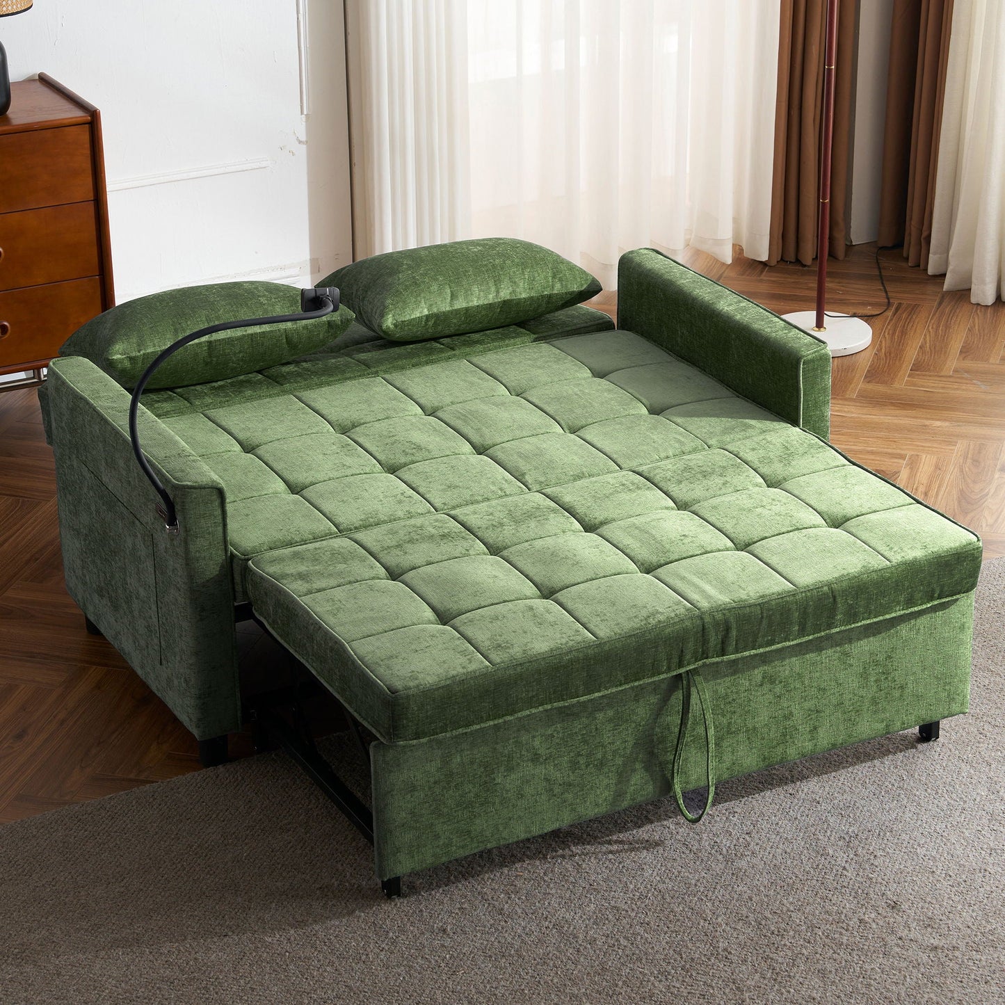 Loveseat Sofa Bed Sleeper With Reversible Backrest, Side Pockets, USB Ports, Phone Holder