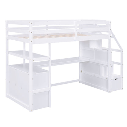 Loft Bed With Desk, Shelves, 2 Drawers, Storage Staircase