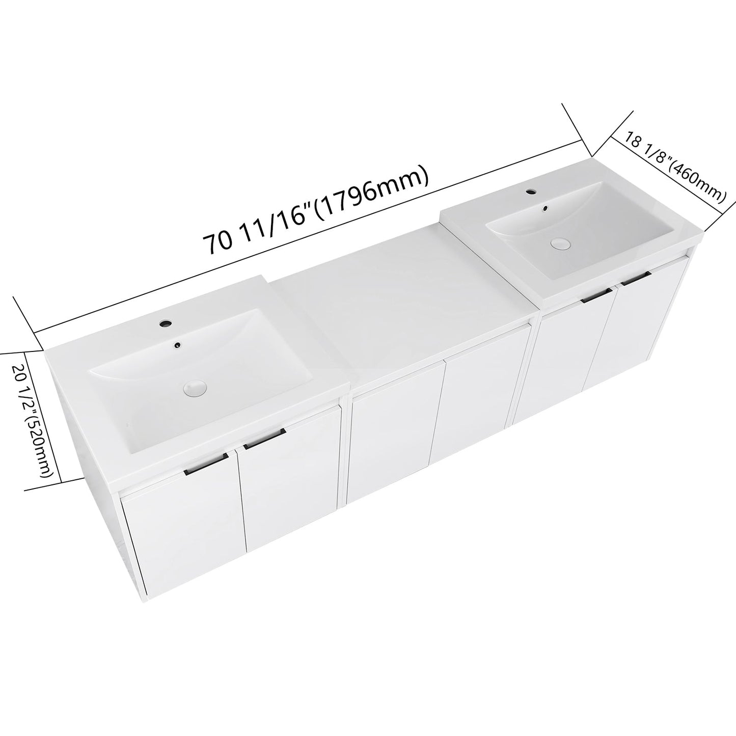 72" Bathroom Vanity With Resin Sink, Soft Close Doors and 1-Side Cabinet