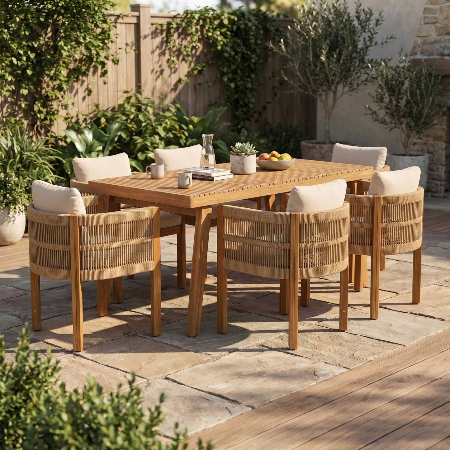 7 Piece Outdoor Dining Set With Table And Chairs - Beige / Brown
