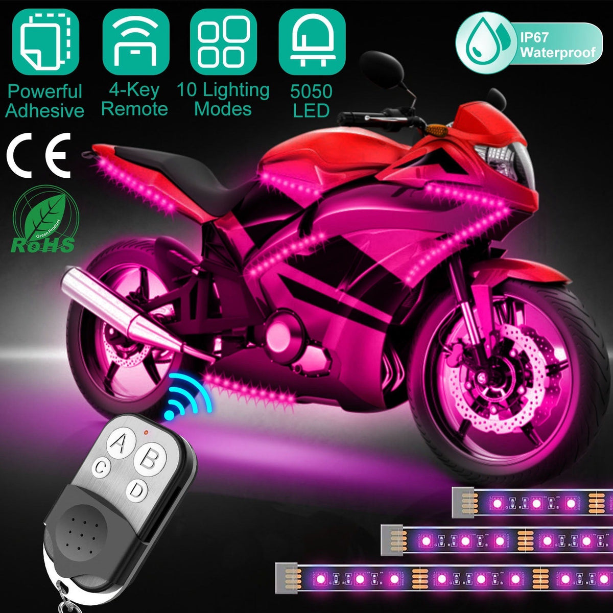 6Pcs Motorcycle LED Light Strips Multi-Color Neon Light Kits Waterproof DC 12V RGB Atmosphere Lights W/ Remote Controller Fit For Motorcycle Car SUV A