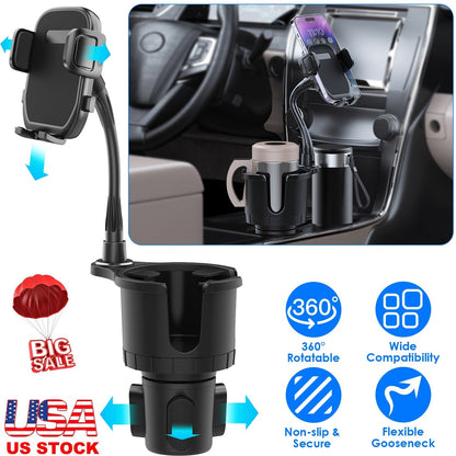 2 In 1 Car Cup Phone Holder Automotive Drink Holder with 360¡ Rotating Gooseneck Phone Mount Adjustable Base Fit for Most Phones Cups Vehicles