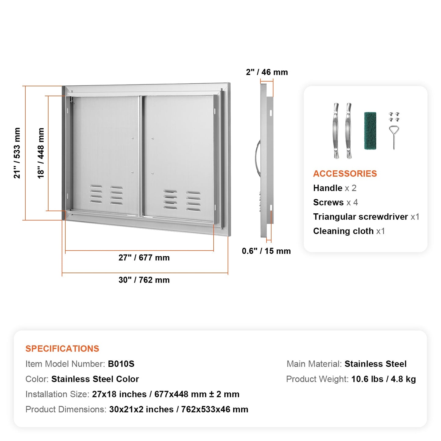 BBQ Access Door, 30W x 21H Inch Double Stainless Steel Outdoor Kitchen Door