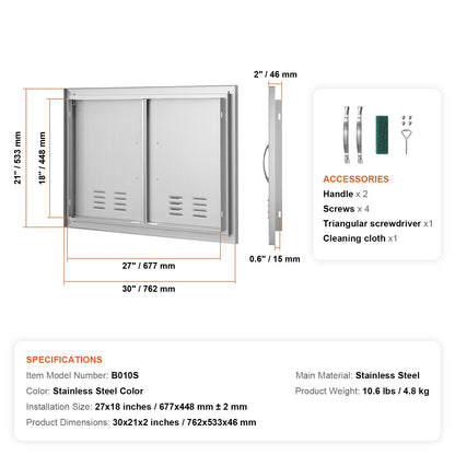 BBQ Access Door, 30W x 21H Inch Double Stainless Steel Outdoor Kitchen Door
